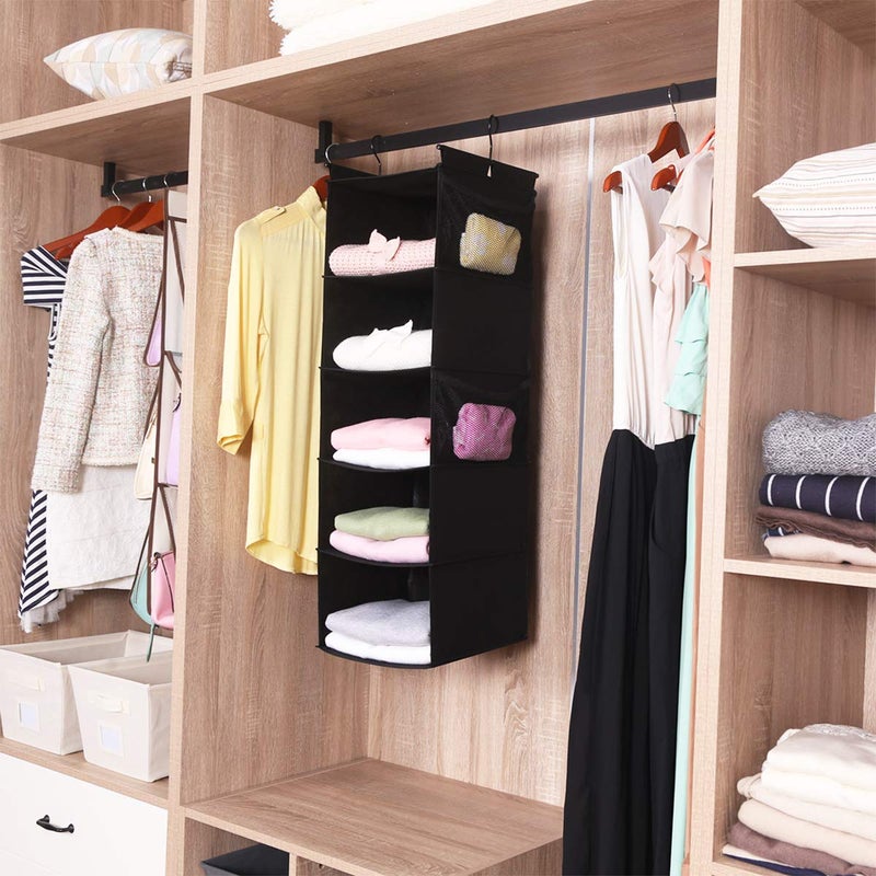 MAX Houser 5-Shelf Hanging Closet Organizer,Space Saver, Cloth Hanging Shelves with 4 Side Pockets,Foldable, Black - Image 3